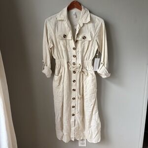 NWT Truly 4 You Dress Size Small Beige Women's Buttons Long Sleeve Rope Tie